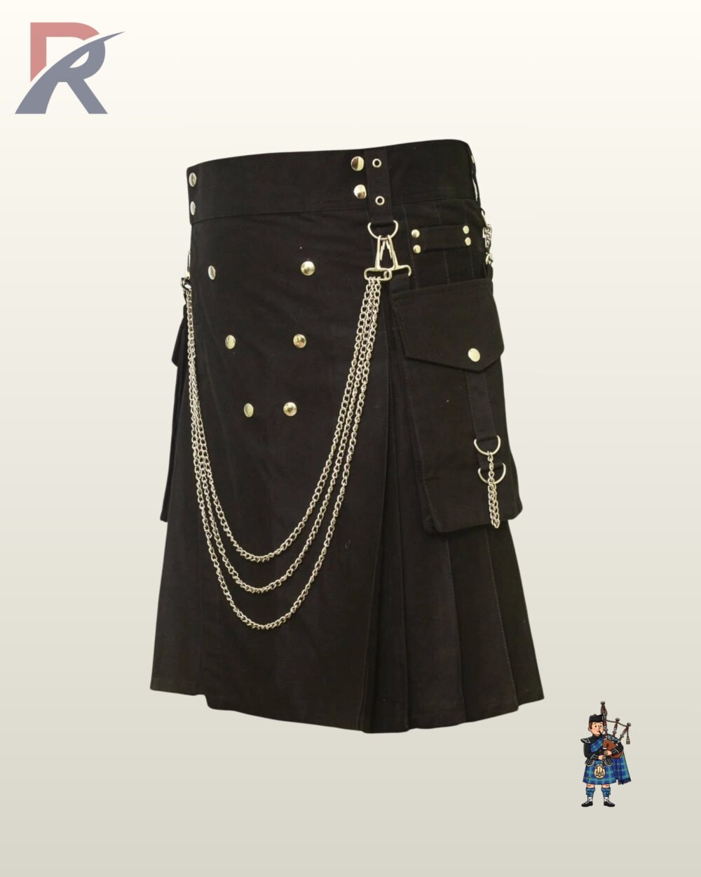 Gothic punk men's black utility kilt displaying a stud-decorated front apron, side pleats, and detachable metal chains.