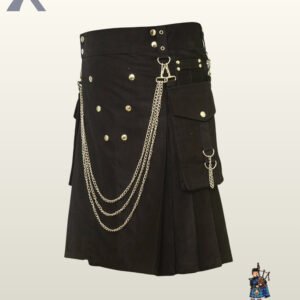 Gothic punk men's black utility kilt displaying a stud-decorated front apron, side pleats, and detachable metal chains.