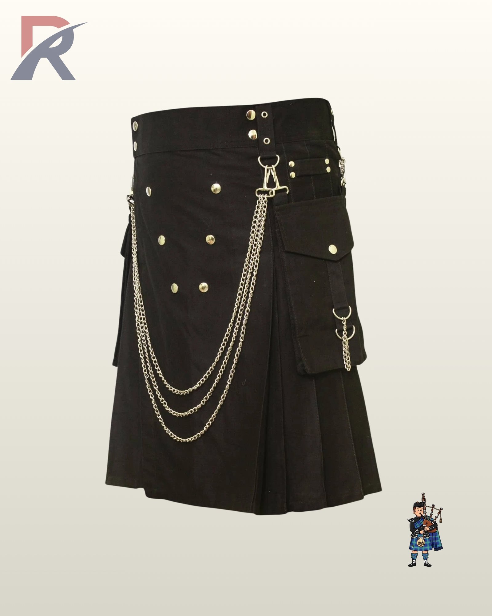 Gothic punk men's black utility kilt displaying a stud-decorated front apron, side pleats, and detachable metal chains.