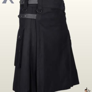 Side view of a men's black cotton utility kilt featuring side cargo pockets, black leather straps, and D-rings.