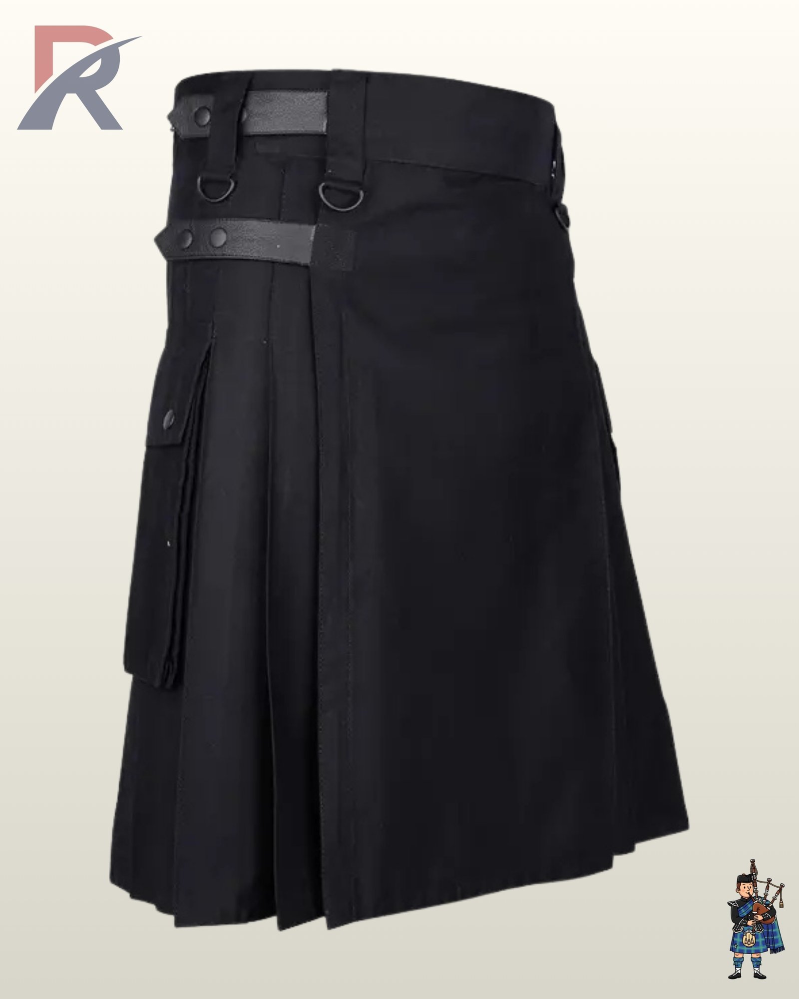 Side view of a men's black cotton utility kilt featuring side cargo pockets, black leather straps, and D-rings.