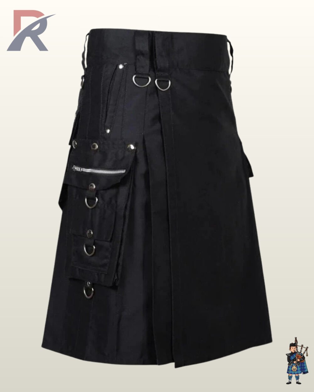 Heavy-duty black cotton canvas tactical kilt with silver D-ring belt loop accents and side flap pockets.