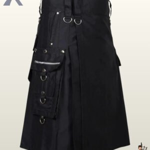 Heavy-duty black cotton canvas tactical kilt with silver D-ring belt loop accents and side flap pockets.