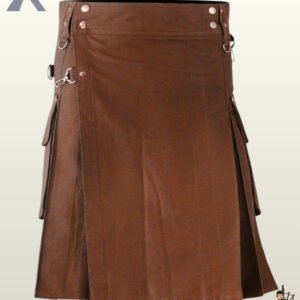 Gothic-style men's brown utility kilt featuring adjustable eyelet straps and flap-closure cargo pouches.