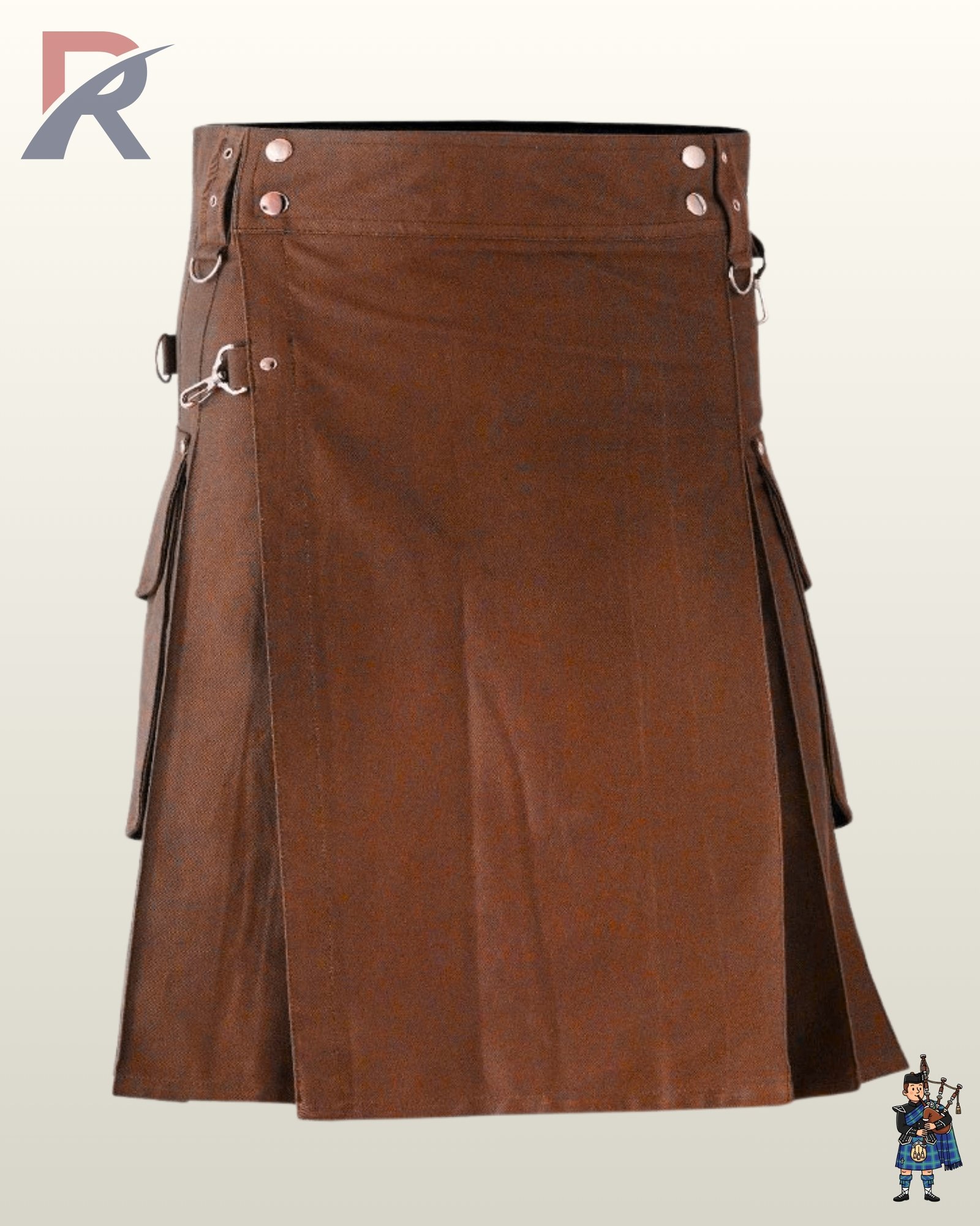 Gothic-style men's brown utility kilt featuring adjustable eyelet straps and flap-closure cargo pouches.