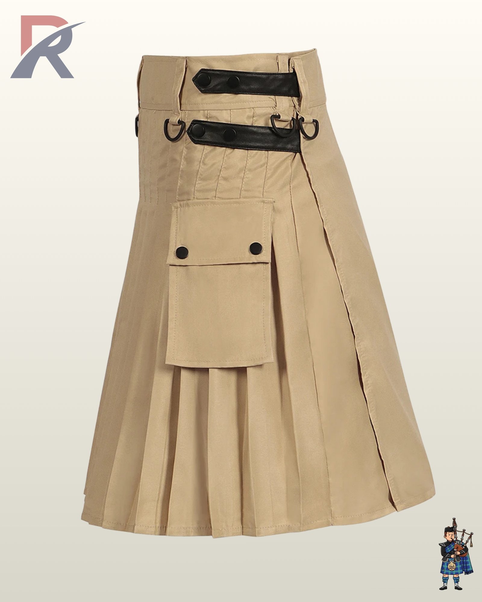 Tan canvas tactical kilt featuring structured rear pleats and side flap cargo pouches.