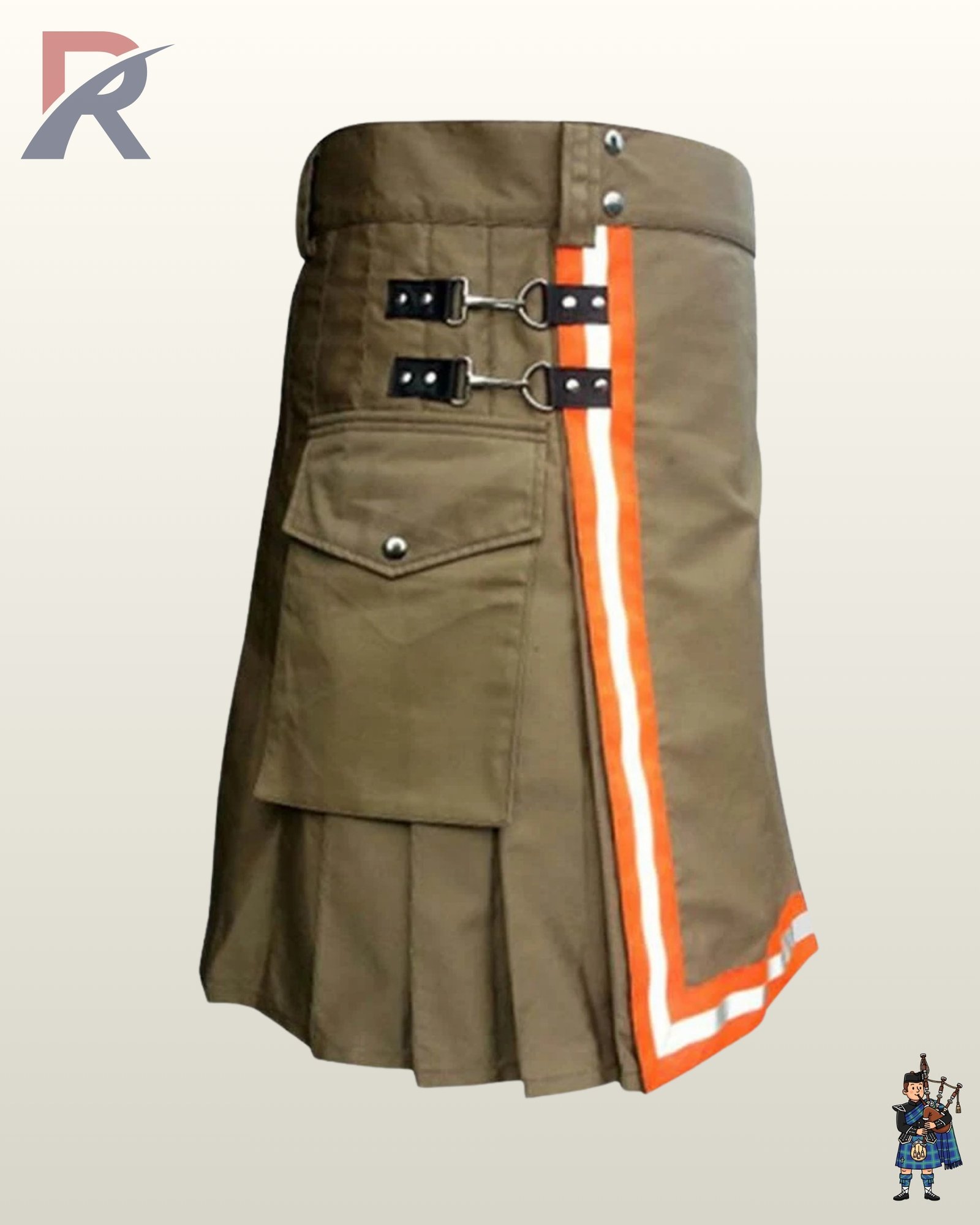 Workwear style olive green utility kilt featuring adjustable side leather straps and reflective safety tape.