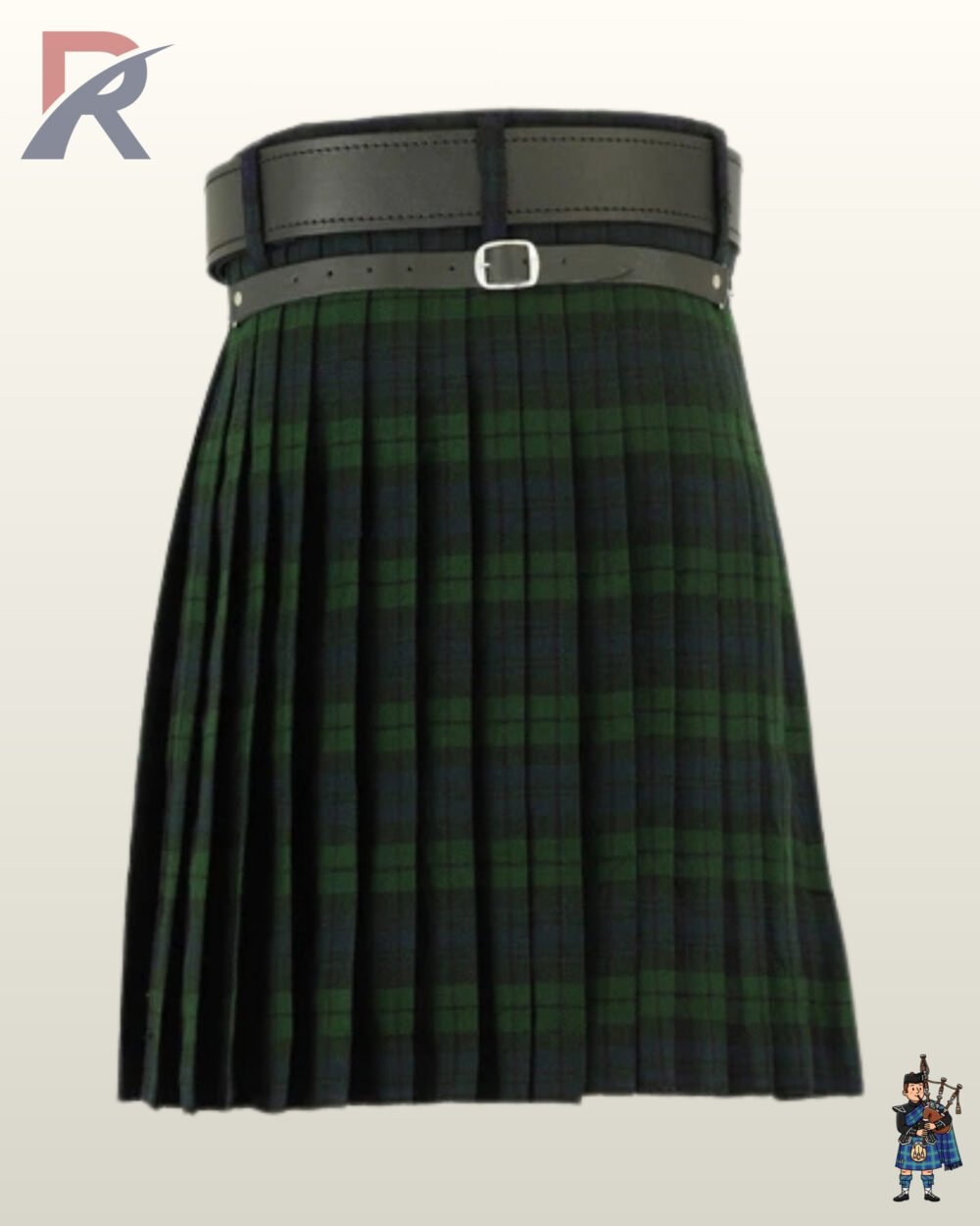 Men's dark green and blue Black Watch tartan kilt set featuring a silver buckle belt and leather sporran on a chain.