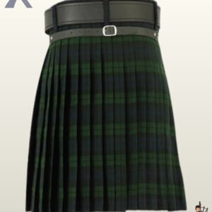 Men's dark green and blue Black Watch tartan kilt set featuring a silver buckle belt and leather sporran on a chain.