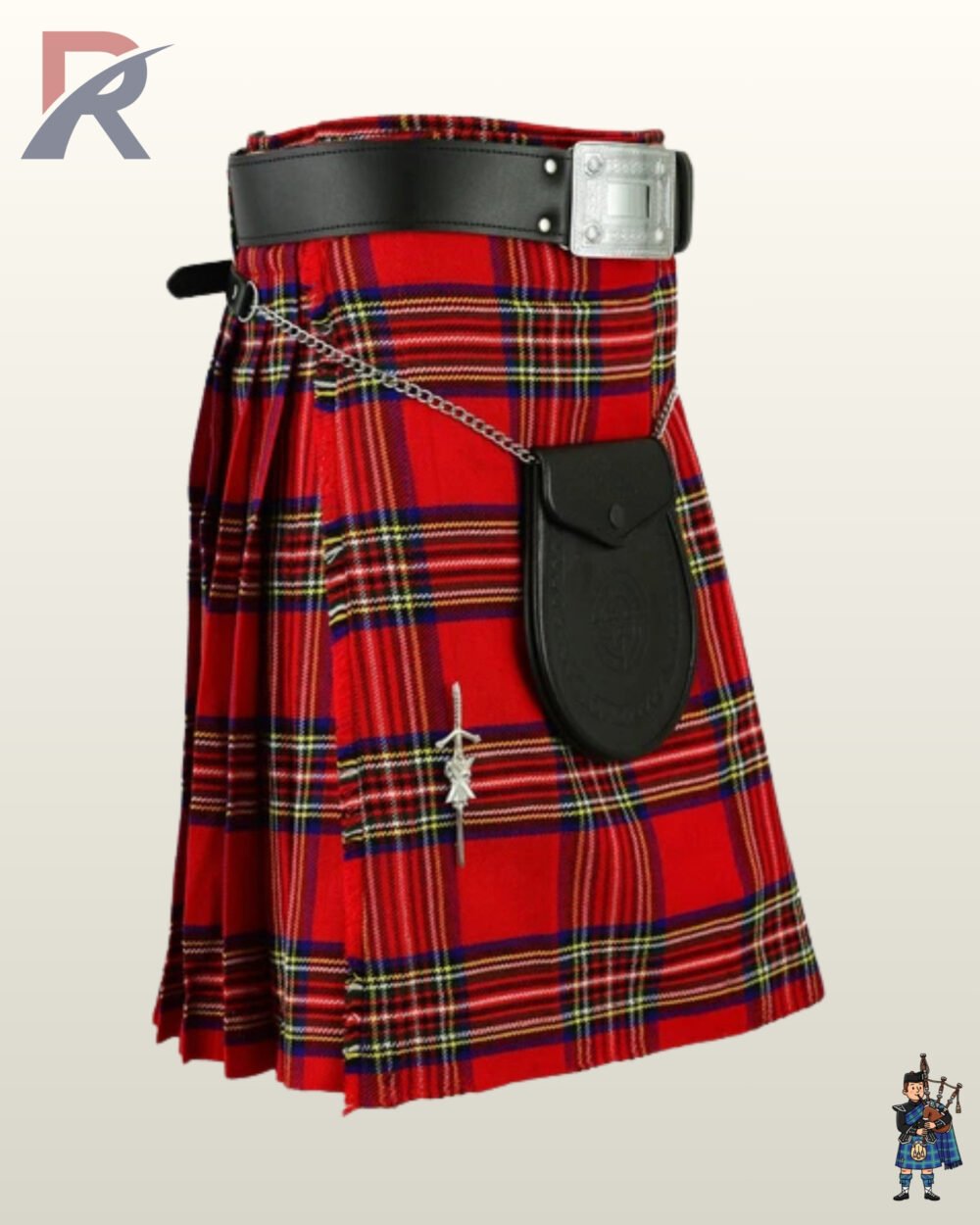 Men's red Royal Stewart tartan kilt outfit featuring a black leather belt, silver buckle, and matching leather sporran.