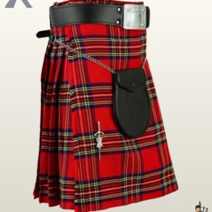Men's red Royal Stewart tartan kilt outfit featuring a black leather belt, silver buckle, and matching leather sporran.