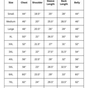 Detailed measurement size chart table for men's shirts and jackets displaying chest, shoulder, sleeve length, back length, and belly dimensions from Small to 8XL.