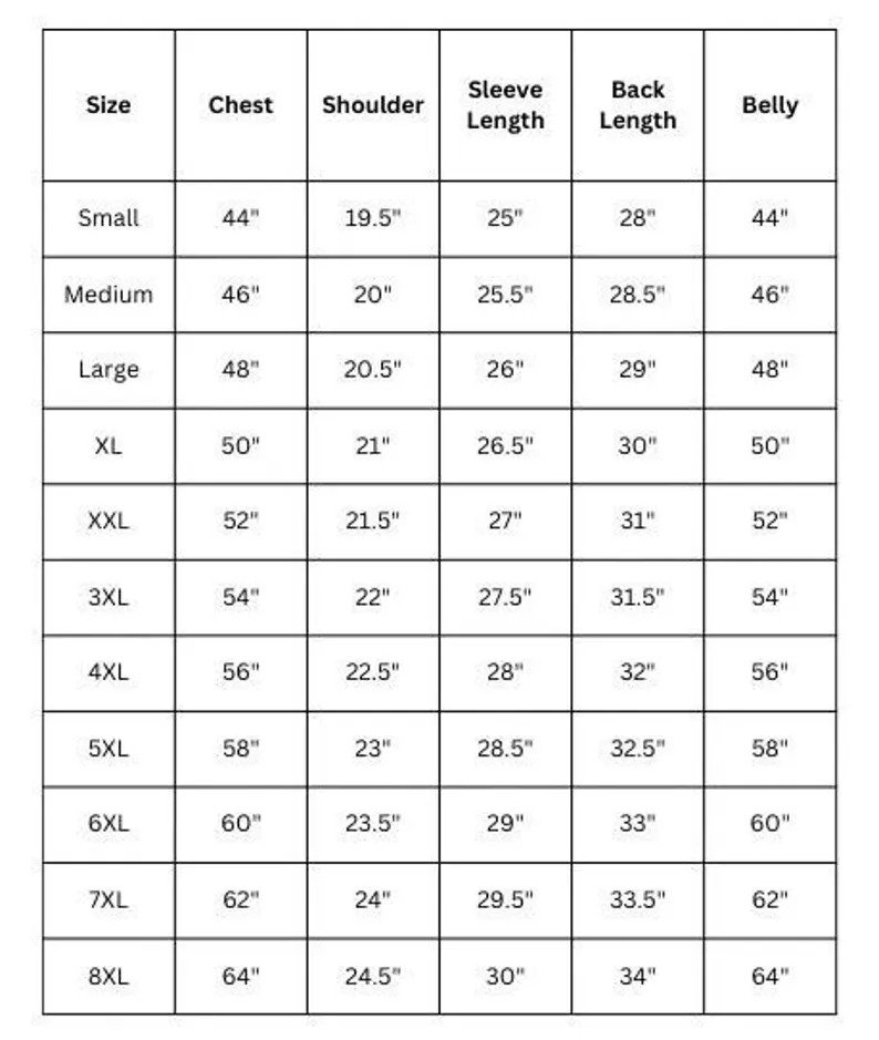 Detailed measurement size chart table for men's shirts and jackets displaying chest, shoulder, sleeve length, back length, and belly dimensions from Small to 8XL.