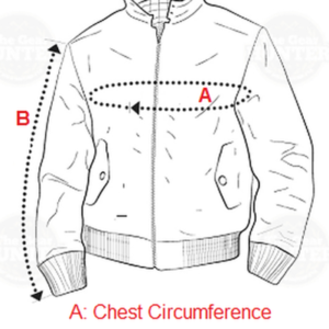 Line drawing diagram demonstrating how to measure men's jacket chest circumference A and sleeve length B.