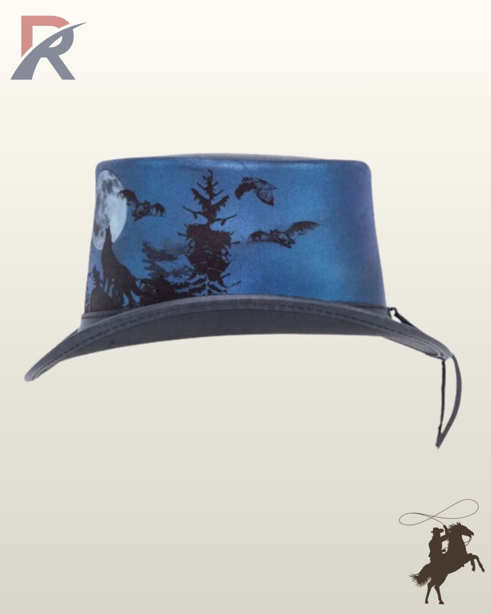 Rear side view of a graphic blue leather steampunk top hat showcasing flying bats and pine trees against a dark blue background with rear hanging hatband ties.