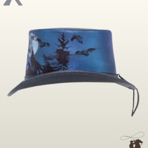 Rear side view of a graphic blue leather steampunk top hat showcasing flying bats and pine trees against a dark blue background with rear hanging hatband ties.