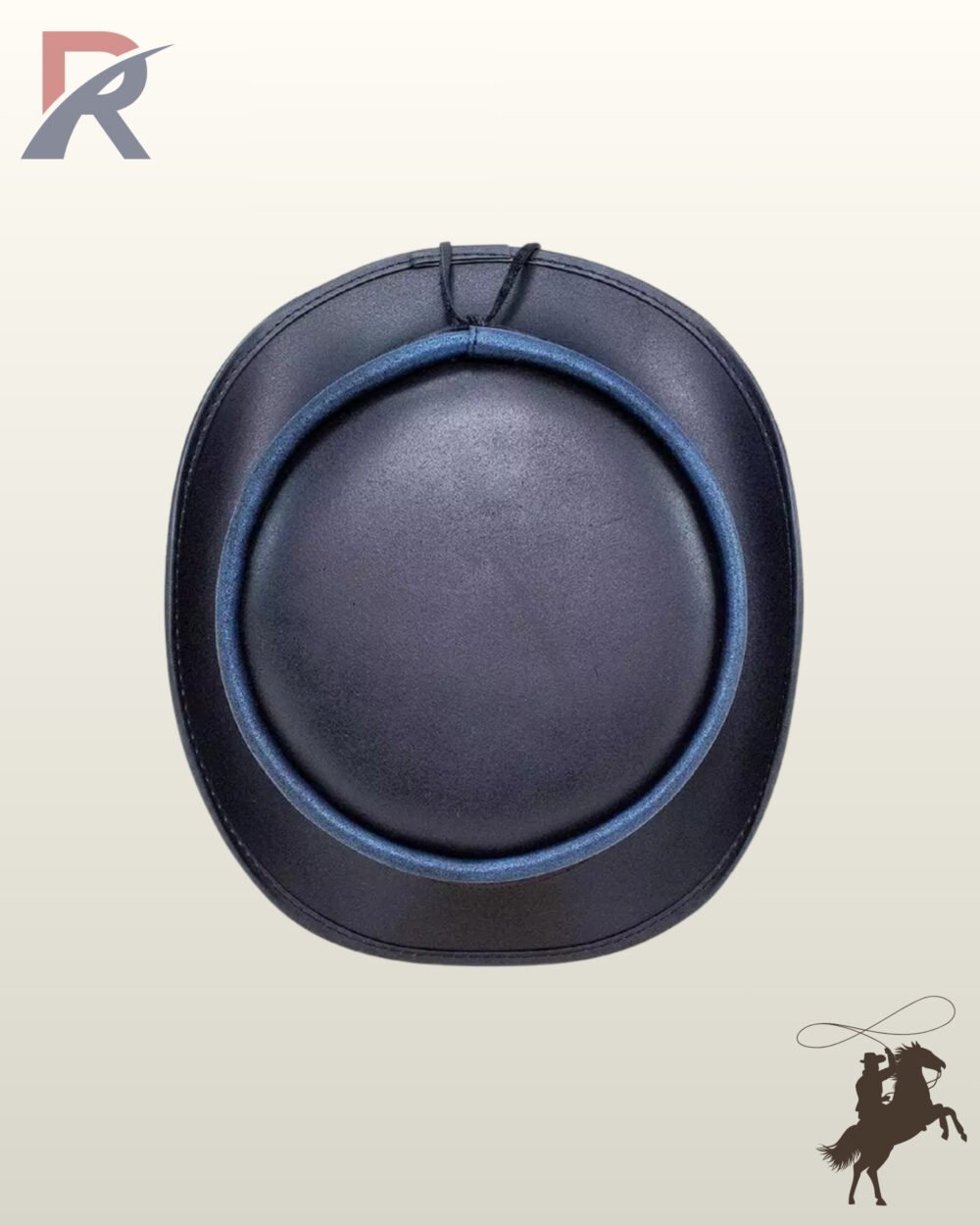 Overhead top view of a dark blue and black graphic printed leather steampunk top hat with a curved brim and rear tie.