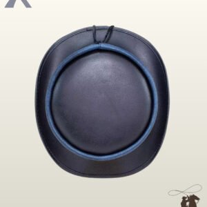 Overhead top view of a dark blue and black graphic printed leather steampunk top hat with a curved brim and rear tie.