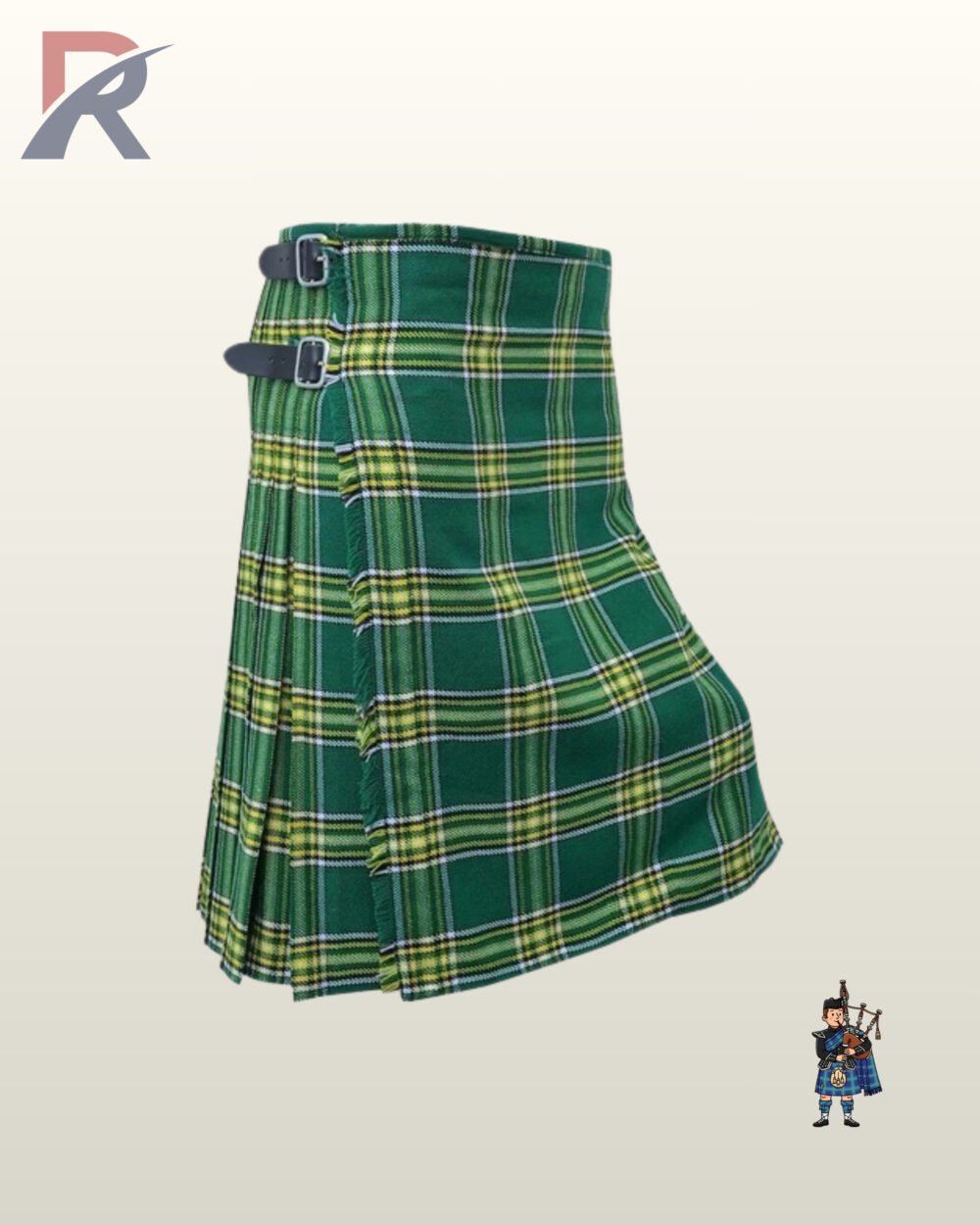 Men's Irish National tartan kilt showing crisp side pleating and double silver buckle closures.