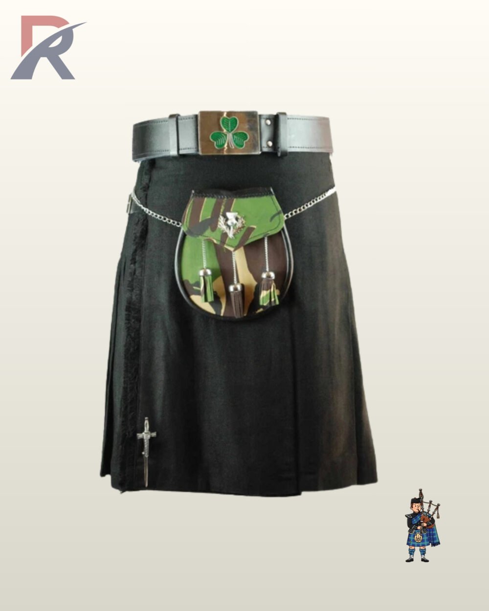 Irish-inspired black cotton kilt styled with a leather shamrock belt buckle and green camo sporran with tassels.