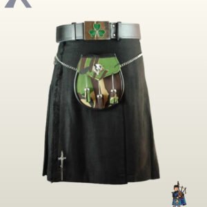 Irish-inspired black cotton kilt styled with a leather shamrock belt buckle and green camo sporran with tassels.