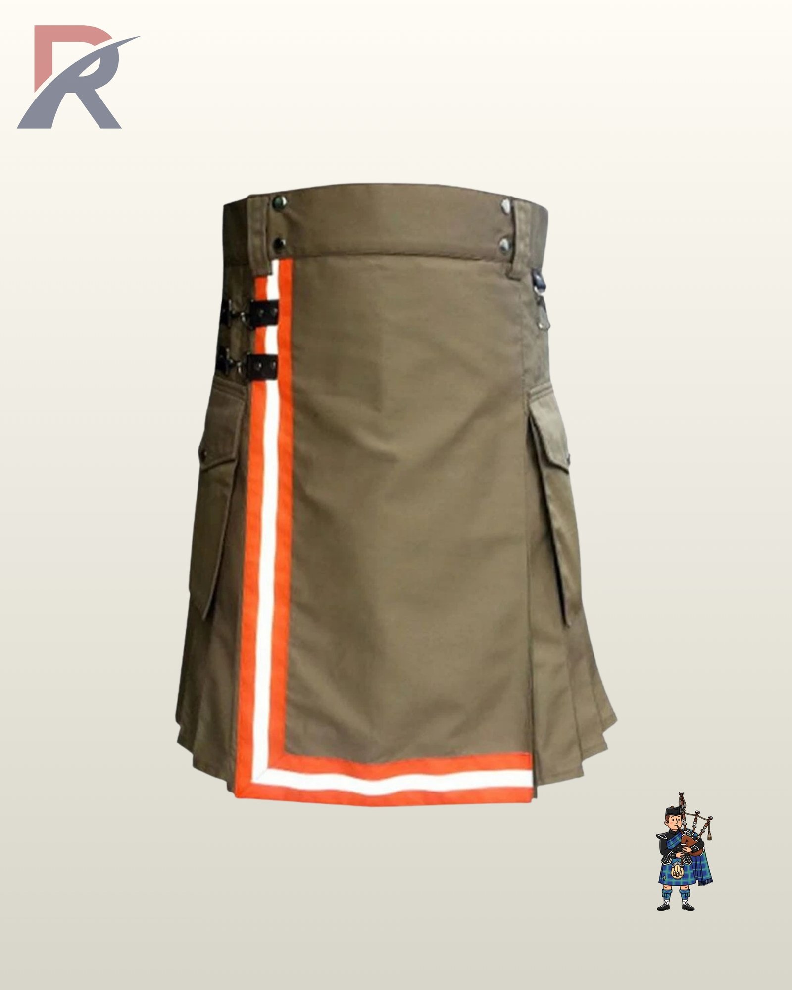Front view of a men's khaki utility work kilt featuring high-visibility orange and silver reflective tape along the apron border.