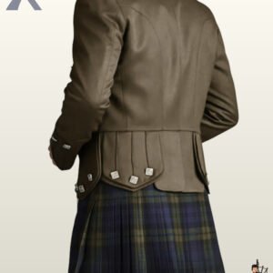 Back view of a traditional men's khaki green highland jacket displaying structured pleat details over a dark green tartan kilt.
