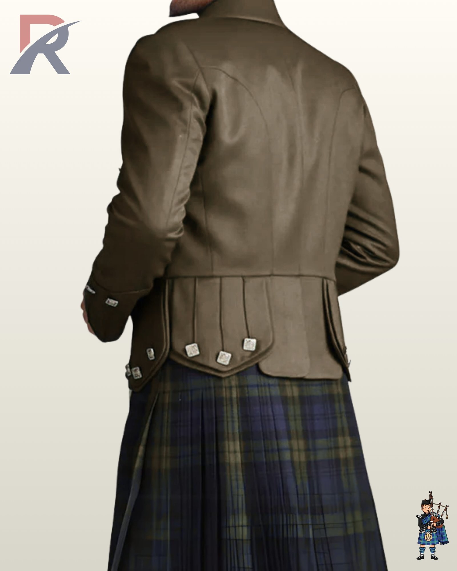 Back view of a traditional men's khaki green highland jacket displaying structured pleat details over a dark green tartan kilt.
