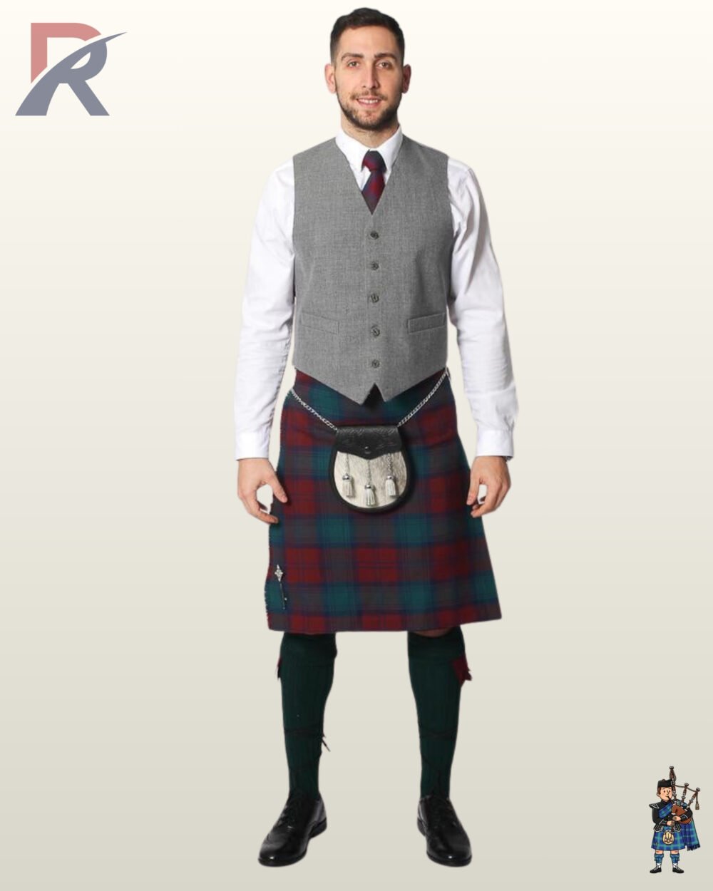 Full front view of a man wearing a light grey wool tweed kilt waistcoat paired with a red and green tartan kilt and fur sporran.