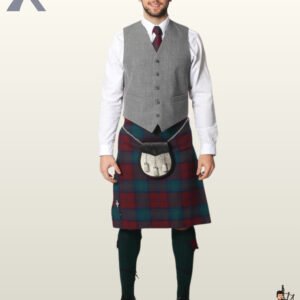 Full front view of a man wearing a light grey wool tweed kilt waistcoat paired with a red and green tartan kilt and fur sporran.