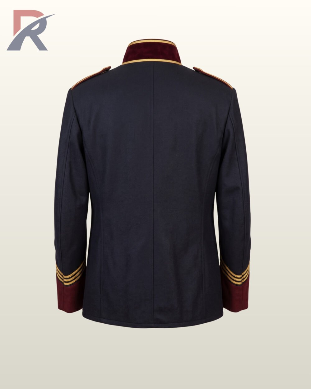 Direct rear flat product view of a men's black wool military officer jacket showcasing burgundy velvet standing collar back and gold cuff banding.