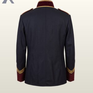 Direct rear flat product view of a men's black wool military officer jacket showcasing burgundy velvet standing collar back and gold cuff banding.
