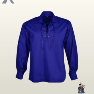 Men blue traditional Scottish highland ghillie kilt shirt featuring loose-fitting long sleeves and a collar.