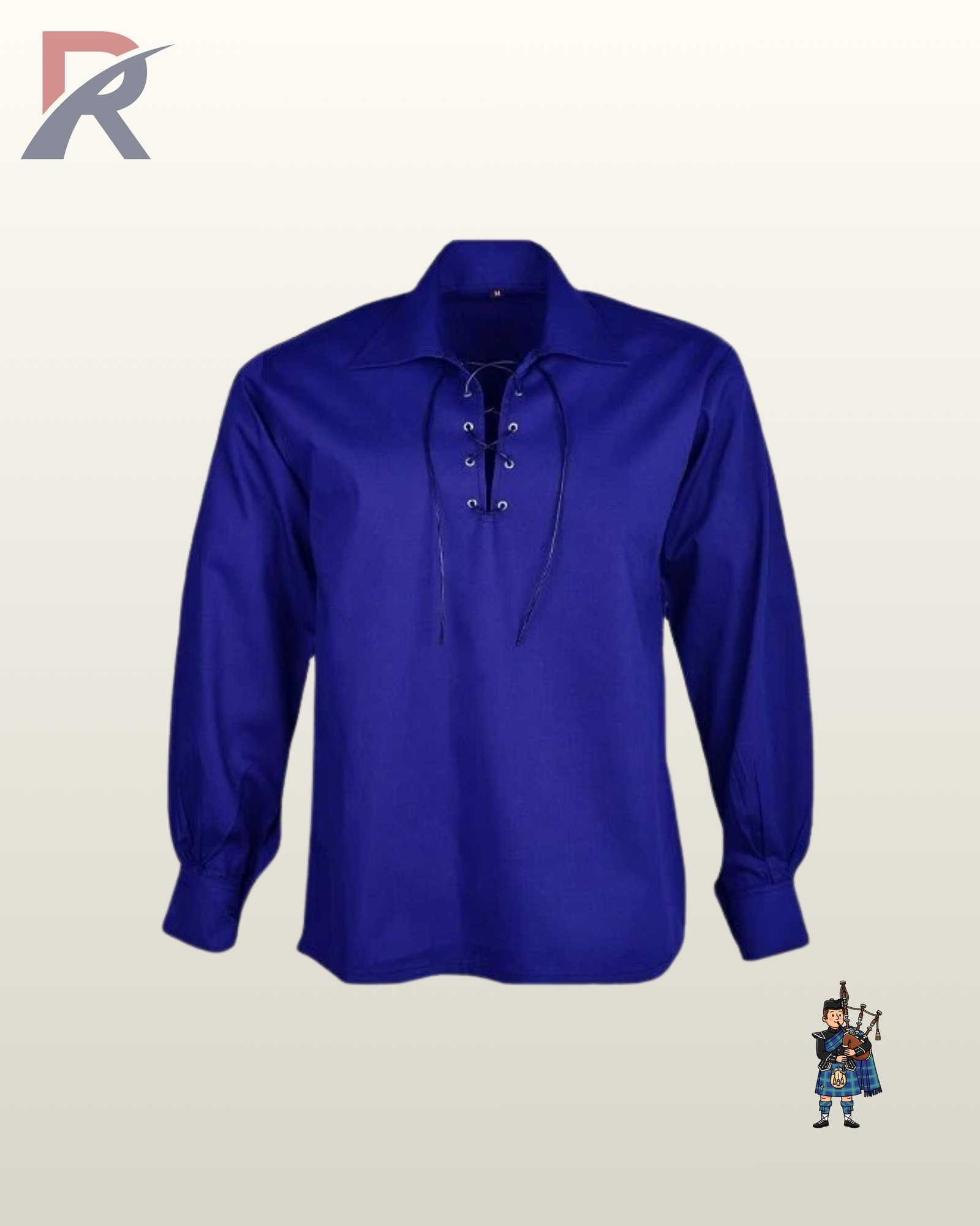 Men blue traditional Scottish highland ghillie kilt shirt featuring loose-fitting long sleeves and a collar.