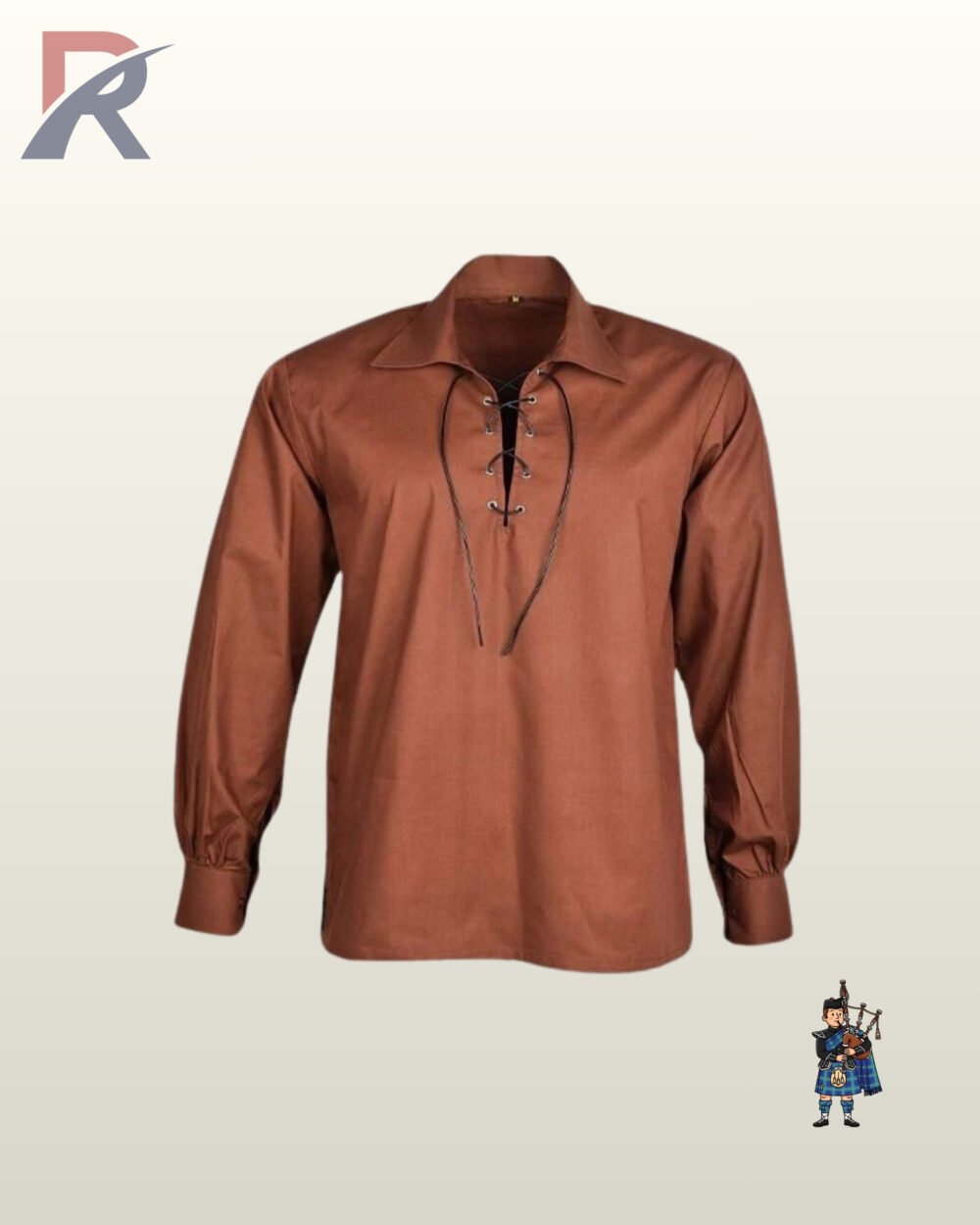 Men Traditional brown cotton highland ghillie shirt with long gathered sleeves and a open collar neckline.