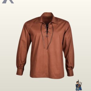 Men Traditional brown cotton highland ghillie shirt with long gathered sleeves and a open collar neckline.