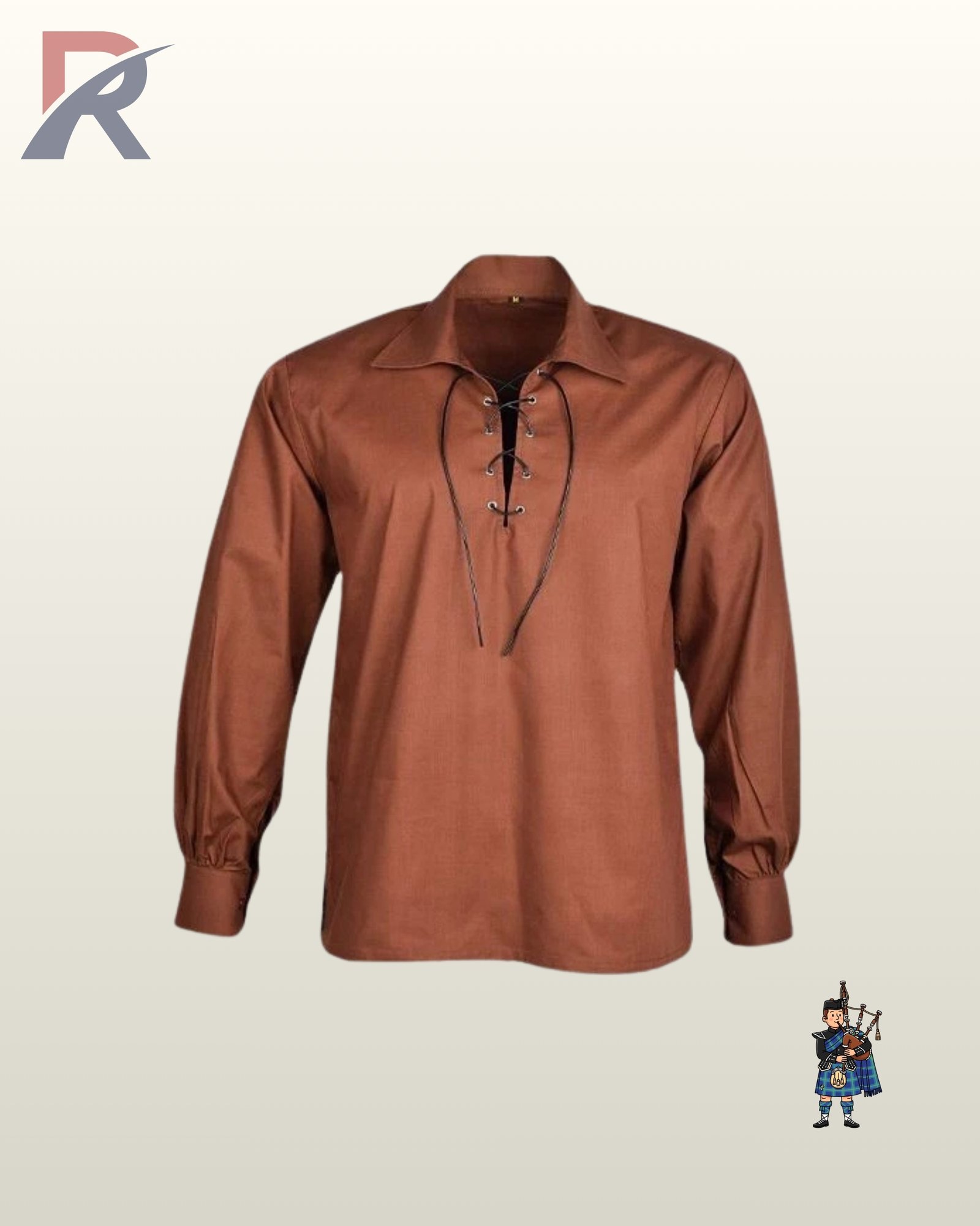 Men Traditional brown cotton highland ghillie shirt with long gathered sleeves and a open collar neckline.
