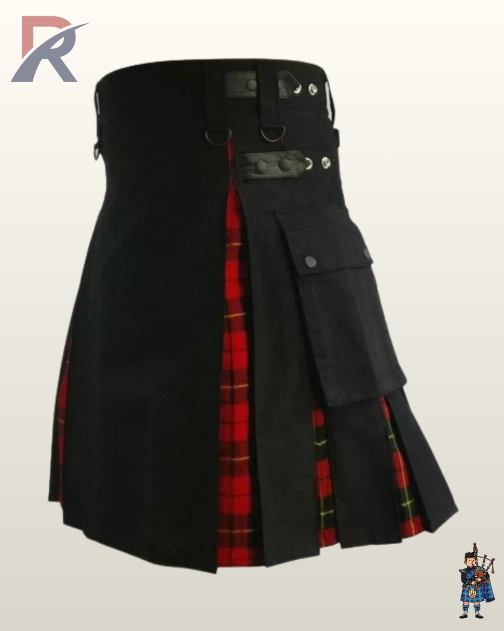 Heavy-duty men's black cotton kilt accented with bright red plaid underlay pleating.