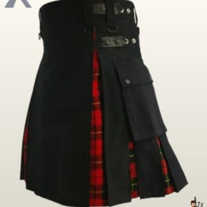 Heavy-duty men's black cotton kilt accented with bright red plaid underlay pleating.