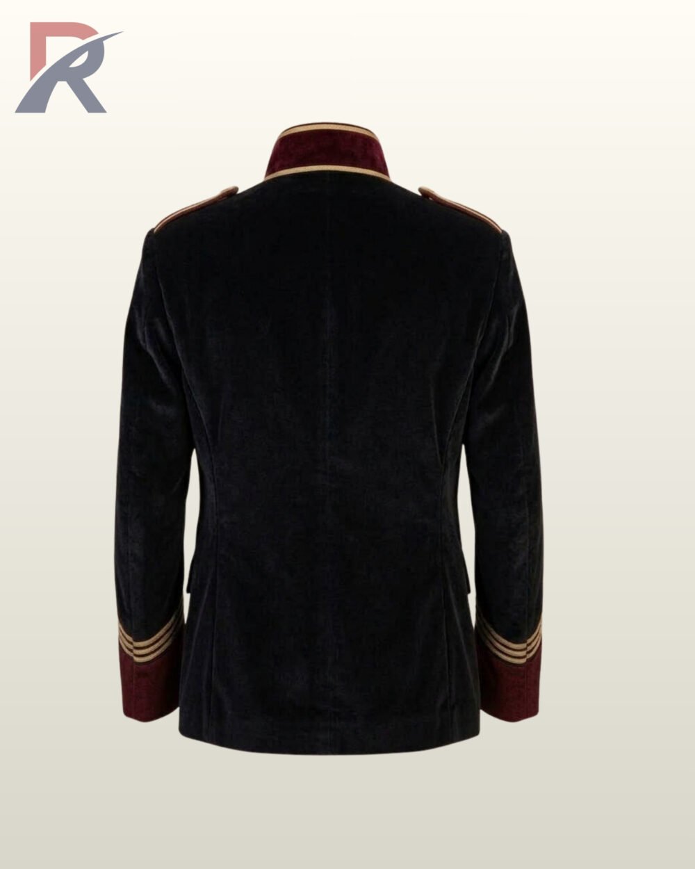 Direct rear flat product view of a men's plush black velvet military officer jacket featuring burgundy velvet standing collar back and gold cuff braid.
