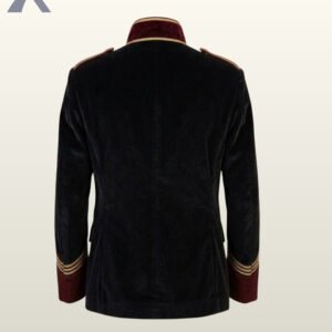 Direct rear flat product view of a men's plush black velvet military officer jacket featuring burgundy velvet standing collar back and gold cuff braid.
