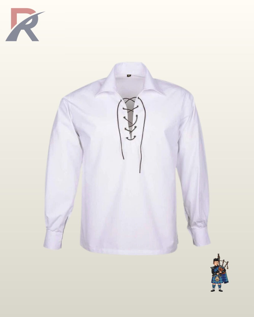 Men traditional Scottish white highland ghillie shirt with long puffed sleeves, buttoned cuffs, and a drawstring collar.