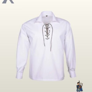 Men traditional Scottish white highland ghillie shirt with long puffed sleeves, buttoned cuffs, and a drawstring collar.