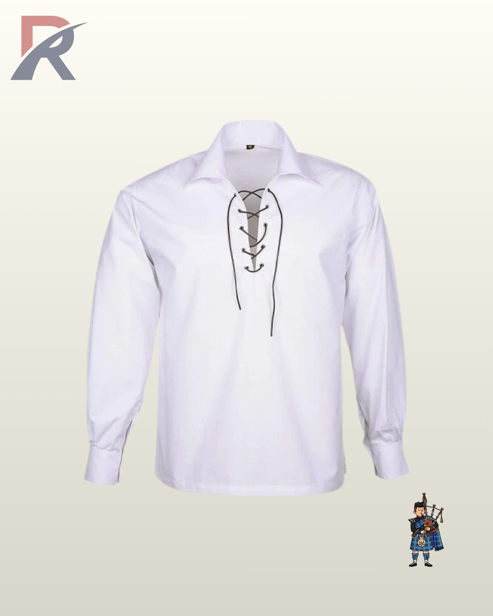 Men traditional Scottish white highland ghillie shirt with long puffed sleeves, buttoned cuffs, and a drawstring collar.