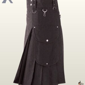 Men's black cotton tactical kilt styled with side cargo pockets, silver D-rings, and grommeted waistband loops.