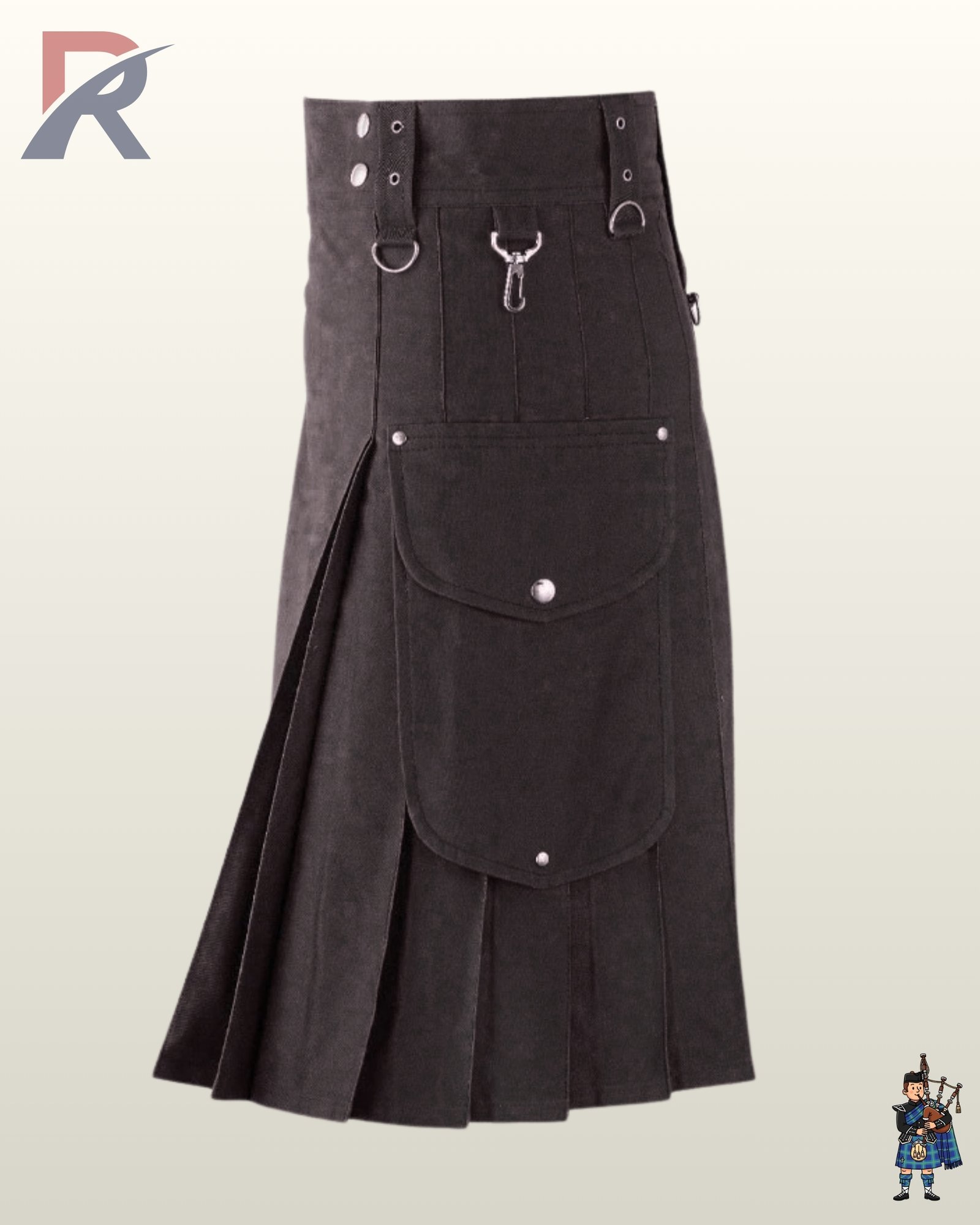 Men's black cotton tactical kilt styled with side cargo pockets, silver D-rings, and grommeted waistband loops.