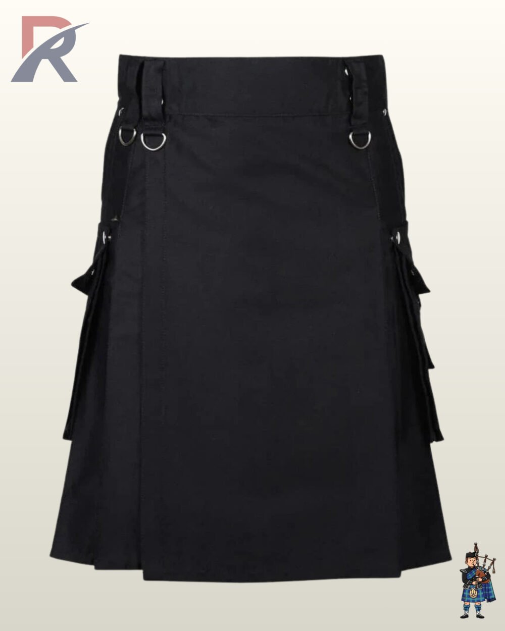 Front view of a men's plain black gothic utility kilt featuring a flat apron, waistband D-rings, and side cargo pockets.