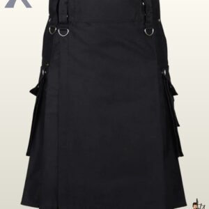 Front view of a men's plain black gothic utility kilt featuring a flat apron, waistband D-rings, and side cargo pockets.