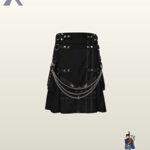 Front view of a men's all-black gothic utility kilt featuring three draped silver chains and side cargo pockets.