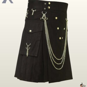 Heavy-duty black canvas tactical kilt styled with gold metallic snaps, side cargo pockets, and hanging chain accessories.